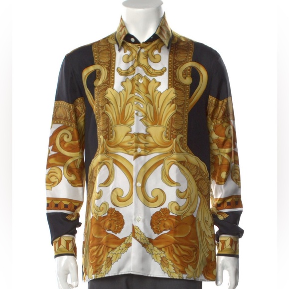 Versace men’s Medusa baroque Barocco monogram print silk button down silk shirt - Picture 1 of 9